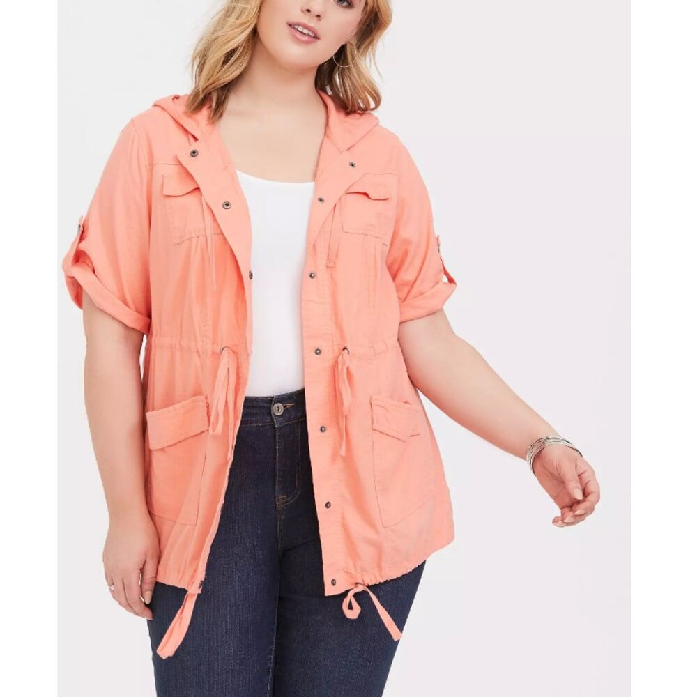 Torrid Women's Orange Linen Hooded Anorak Utility Jacket with Hood Size Large